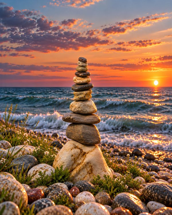 Leinwandbild Balance, Steinturm aus Kieselsteinen am Strand bei Sonnenuntergang über dem Meer