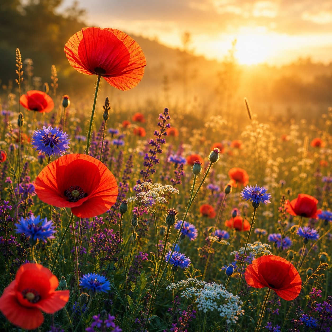 Leinwandbild Mohnblüten im Morgenlicht, rote Mohnblumen in bunter Sommerwiese im Gegenlicht der aufgehenden Sonne